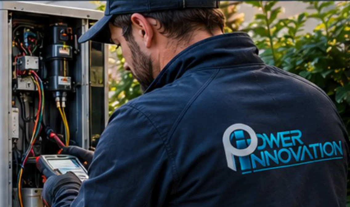 Technicien POWER INNOVATION contrôlant une pompe à chaleur sur site