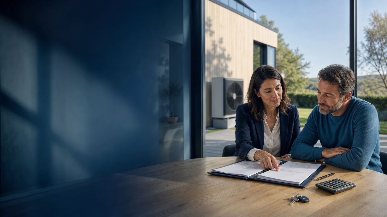 Conseiller accompagnant un couple dans le financement d’un projet de rénovation énergétique