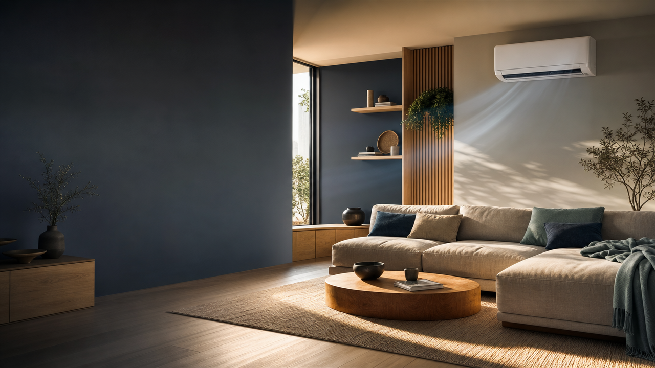 Salon contemporain confortable avec équipement de chauffage et de rafraîchissement