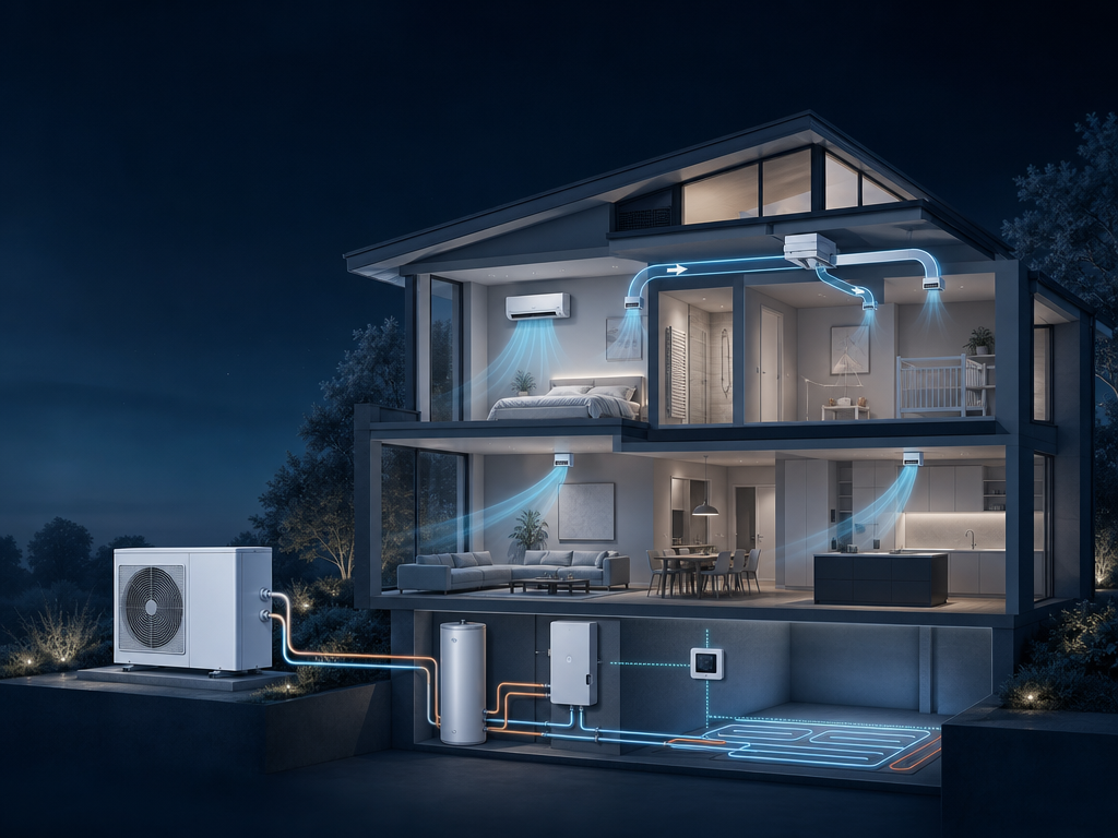 Illustration d’une maison équipée d’une pompe à chaleur, d’une climatisation, d’une ventilation et d’un système d’eau chaude sanitaire