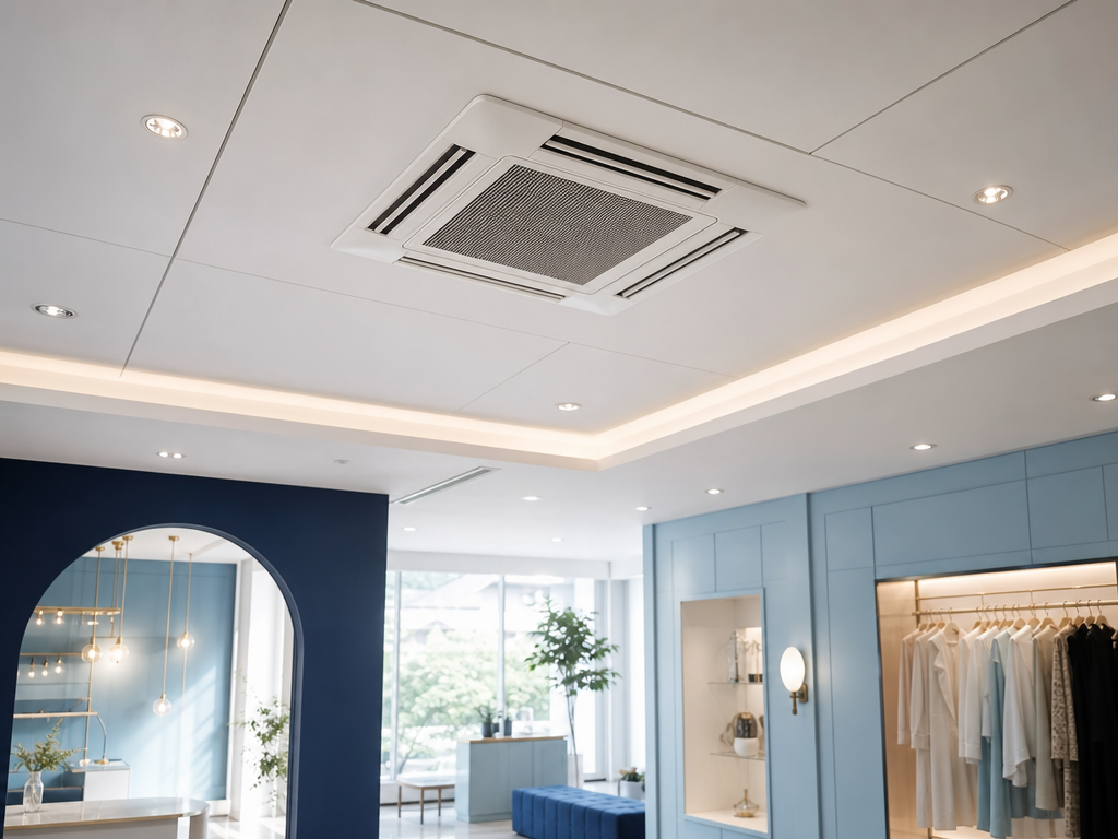 Cassette de climatisation réversible intégrée dans le faux plafond d’un espace professionnel