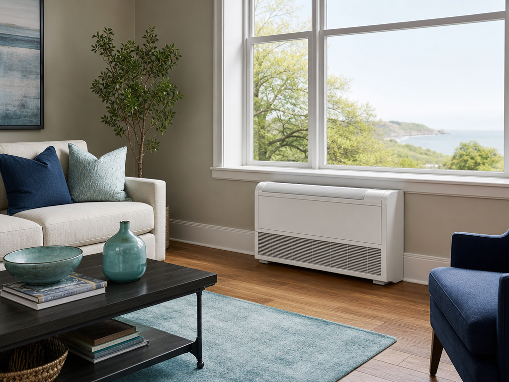 Console basse de climatisation réversible installée sous une fenêtre