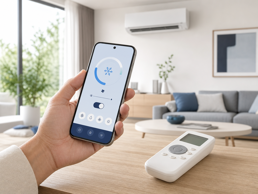 Smartphone et télécommande devant une unité intérieure de climatisation