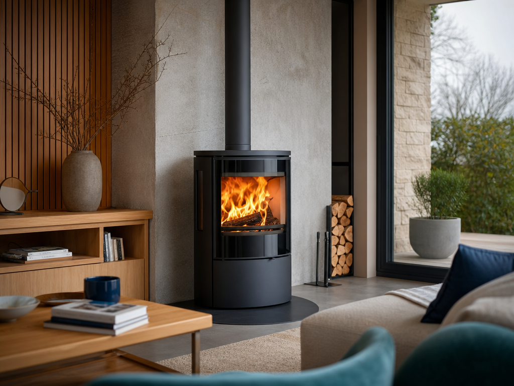 Poêle à bois dans un intérieur chaleureux