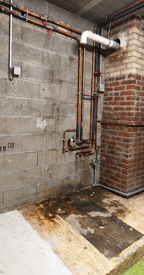 Étape 3 : local technique débarrassé après l’évacuation de la chaudière gaz, réseaux hydrauliques conservés