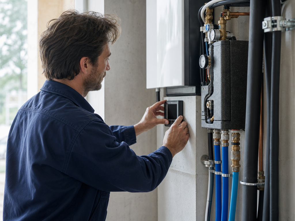 Technicien contrôlant une installation de chauffage avec un appareil de régulation