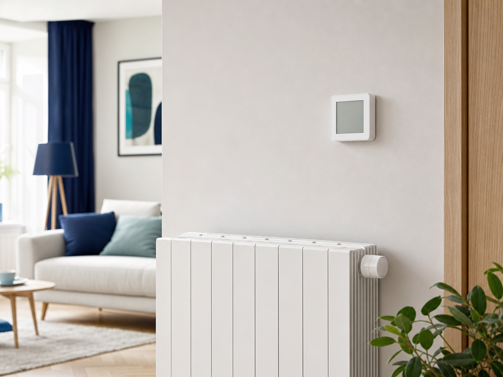 Thermostat connecté installé au-dessus d’un radiateur