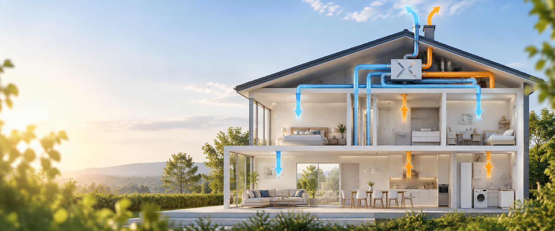 Maison contemporaine avec système de ventilation double flux illustré